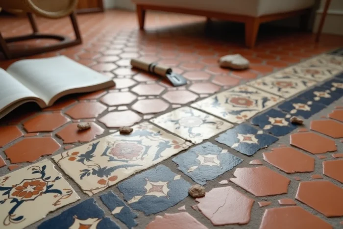 Détail de sol en transition entre tomettes hexagonales anciennes en terre cuite et nouveau carrelage encaustique à motifs géométriques dans un salon méditerranéen