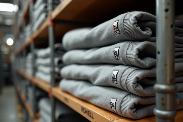 Gros plan sur des sweatshirts Pull and Bear soigneusement pliés sur une étagère en bois industriel montrant la texture du tissu et le logo brodé