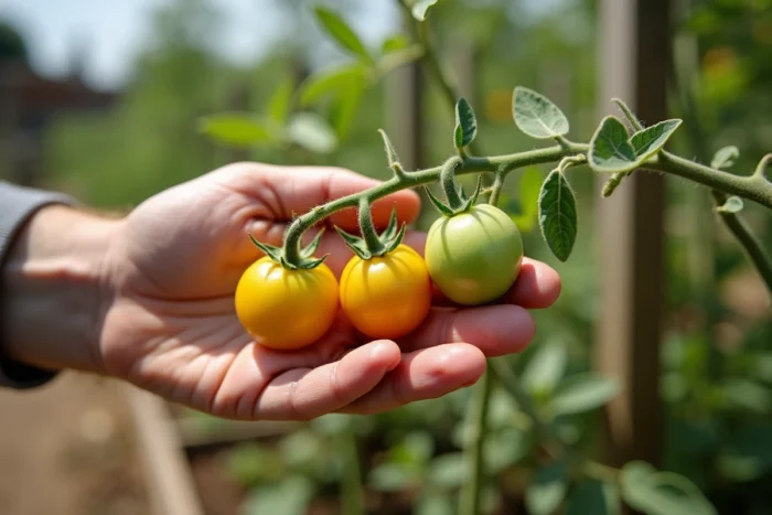 Main de jardinier tenant une tige de tomate avec fleur et petit fruit en formation
