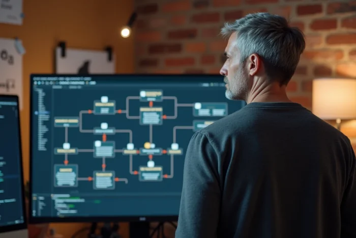 Développeur web examinant un diagramme d'arborescence sitemap affiché sur grand écran dans une agence digitale