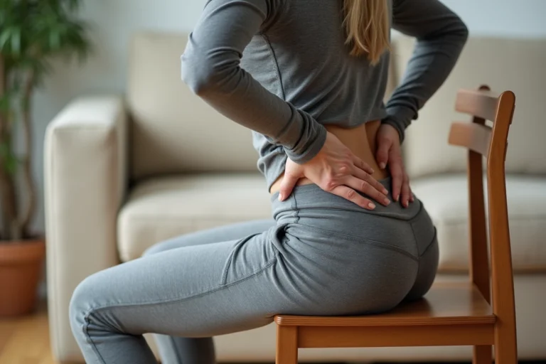 Femme assise tenant sa fesse et son bas du dos en signe de douleur sciatique dans un salon