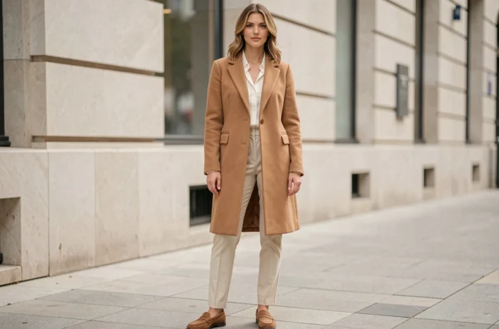 Femme portant une tenue construite autour d'un duo de couleurs neutres, camel et ivoire, dans un cadre urbain épuré