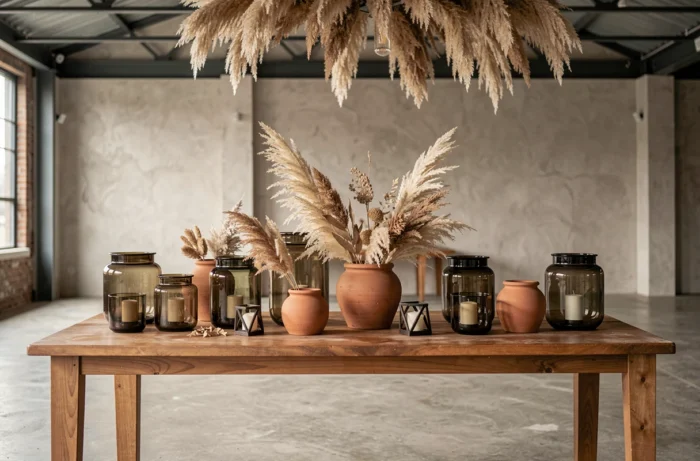 Composition de table de mariage en tons terre avec des verreries fumées, des vases en terracotta et des herbes de la pampa dans un loft contemporain