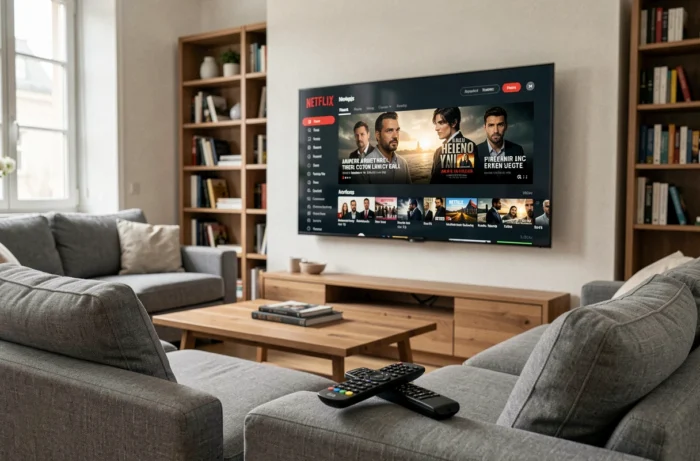 Écran Netflix affiché sur un téléviseur dans un salon moderne, symbolisant l'annulation de la série Messiah et l'absence d'une saison 2