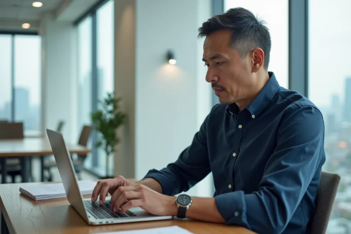 Professionnel rédigeant un message stratégique sur un ordinateur portable pour contacter une personnalité influente comme Elon Musk