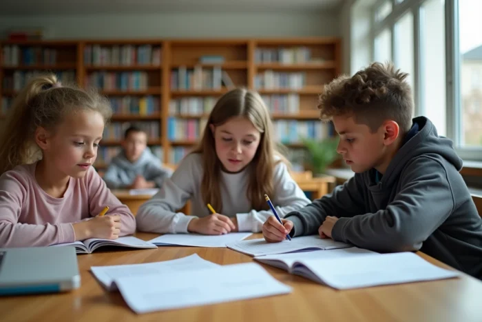 Groupe d'élèves en situation d'inclusion scolaire travaillant ensemble à la bibliothèque dans le cadre d'un dispositif ULIS