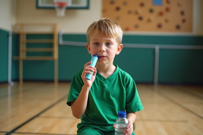 Jeune garçon asthmatique au repos après le sport scolaire, tenant son inhalateur avec assurance dans un gymnase