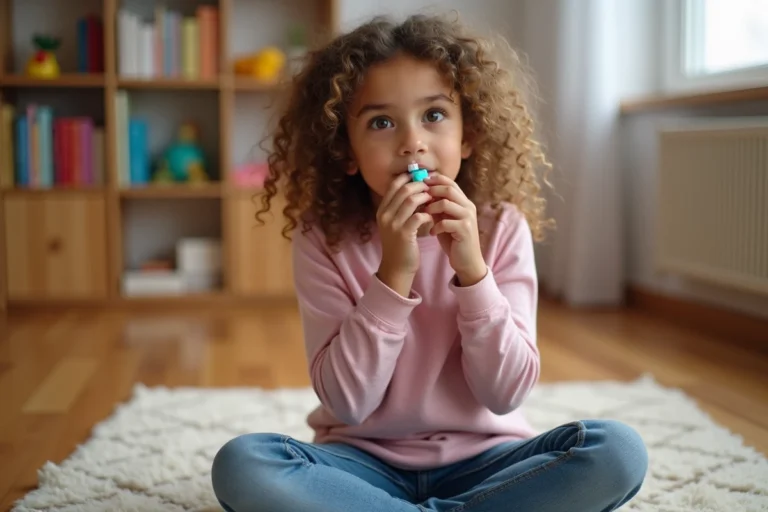 Jeune fille utilisant un inhalateur avec chambre d'inhalation dans sa chambre, geste maîtrisé et expression sereine