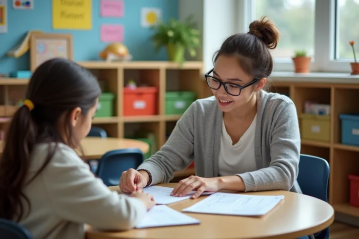 Enseignante spécialisée ULIS accompagnant un élève autour d'un exercice adapté dans une salle de classe dédiée