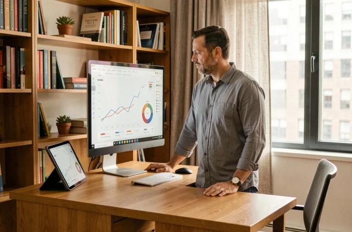 Entrepreneur masculin analysant des données sur une plateforme business innovante depuis son bureau à domicile