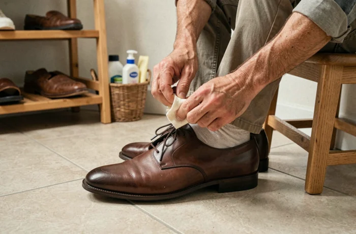 Homme entretenant ses chaussures en cuir Oxford avec de la crème à chaussures, illustrant le soin hebdomadaire des chaussures