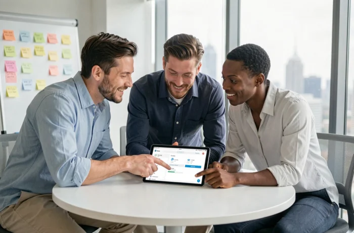 Équipe de professionnels collaborant autour d'une solution business en ligne lors d'une réunion en salle de conférence