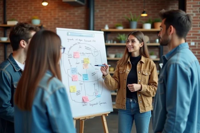 Équipe de fondateurs de start-up collaborant sur un tableau blanc dans un incubateur au Luxembourg