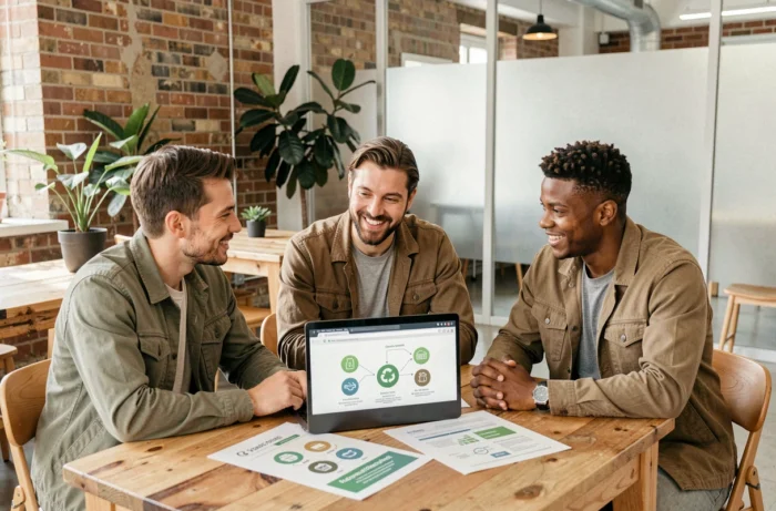 Team di colleghi che discutono di un piano di ottimizzazione della gestione dei rifiuti in uno spazio di coworking ecosostenibile