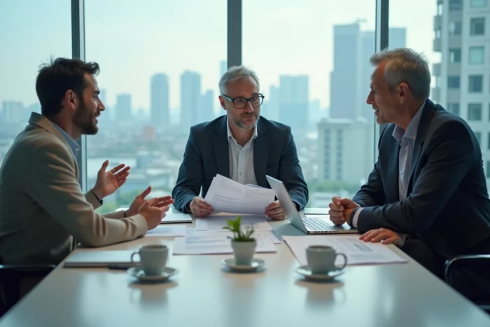 Équipe de professionnels discutant des tendances économiques et stratégies business en salle de réunion
