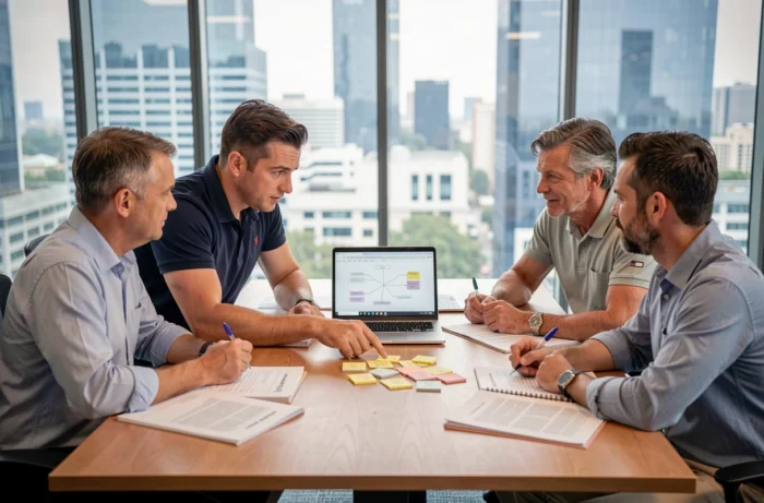 Équipe de professionnels en réunion appliquant la méthode des 5 pourquoi autour d'une table de conférence avec des documents et un ordinateur portable