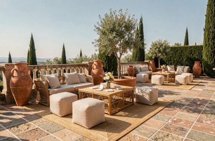 Coin lounge personnalisé lors d'un cocktail de mariage sur une terrasse méditerranéenne avec des ottomanes en lin, une table basse en rotin et un olivier