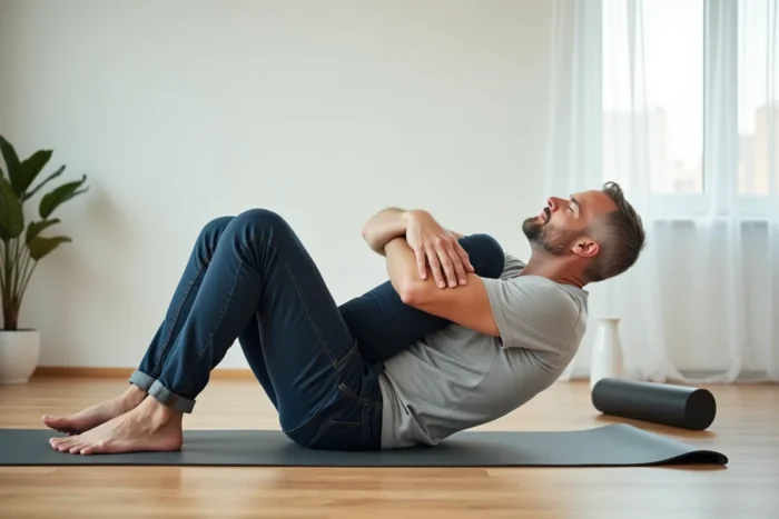 Homme effectuant un étirement du piriforme sur un tapis de yoga pour soulager la sciatique fessière