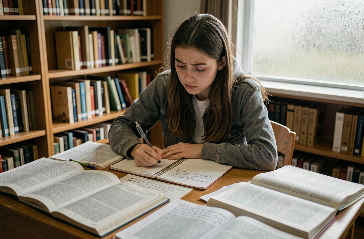 Étudiante révisant pour le grand oral HGGSP avec des notes et manuels dans une bibliothèque scolaire