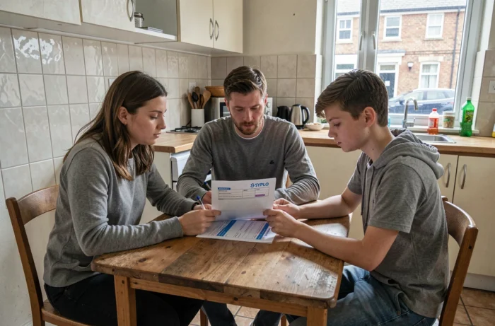 Famille prioritaire étudiant un formulaire de demande de logement Syplo ensemble à la maison