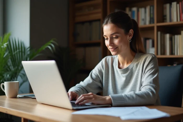 Femme consultant les dernières actualités en ligne sur un ordinateur portable dans un bureau à domicile moderne