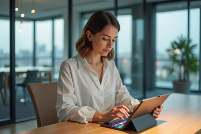 Femme consultant les dernières actualités tech et numérique sur une tablette dans un bureau moderne