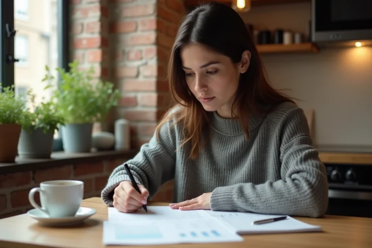Femme consultant un budget papier à une table de cuisine en bois dans un appartement moderne, conseils gestion finances quotidiennes