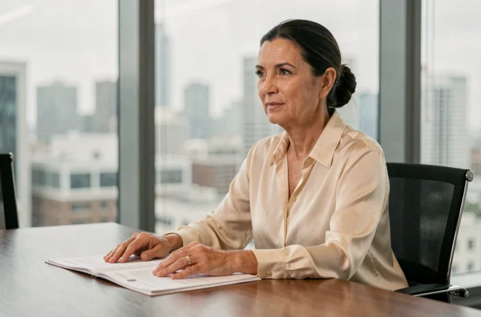 Femme posée en réunion dans un bureau moderne avec vue urbaine, illustration du profil professionnel de Carole Ghosn
