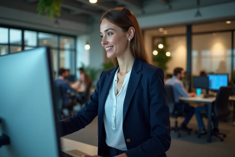 Femme cadre analysant des données économiques sur un grand écran dans un bureau moderne et innovant