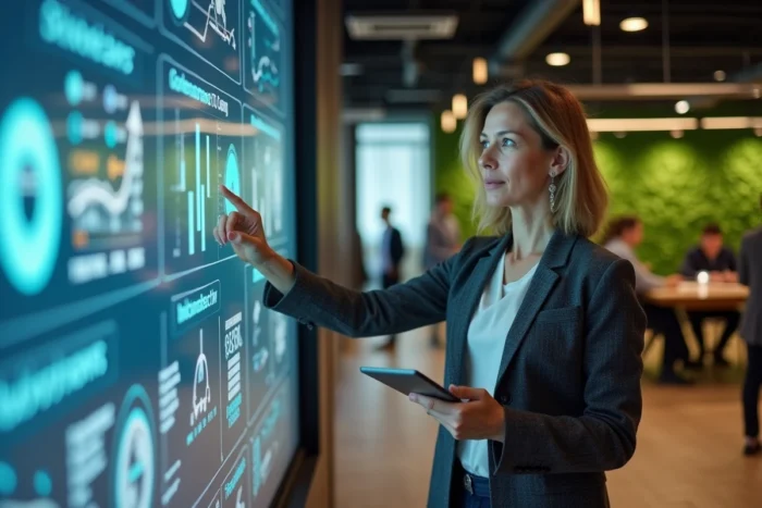 Femme cadre présentant des indicateurs ESG sur un écran interactif dans un bureau d'entreprise moderne avec mur végétal
