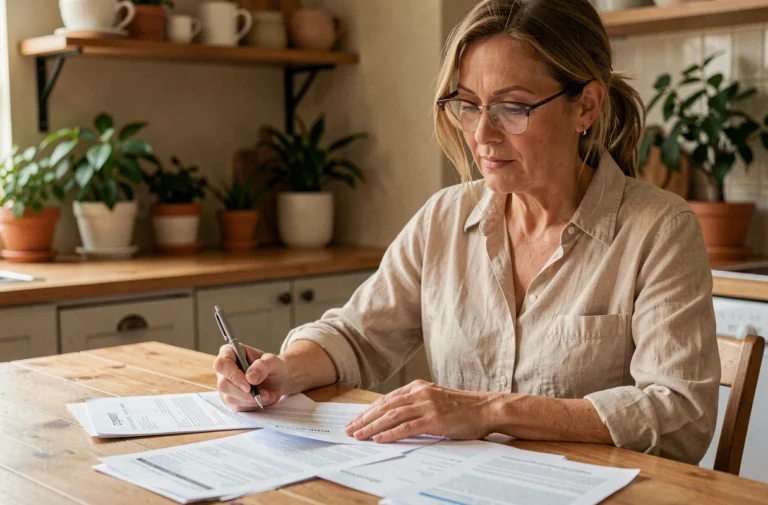 Femme comparant des offres de mutuelle santé à domicile, documents d'assurance étalés sur une table en bois