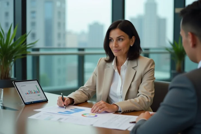 Femme en blazer beige consultant des documents d'investissement avec un conseiller financier dans un bureau professionnel