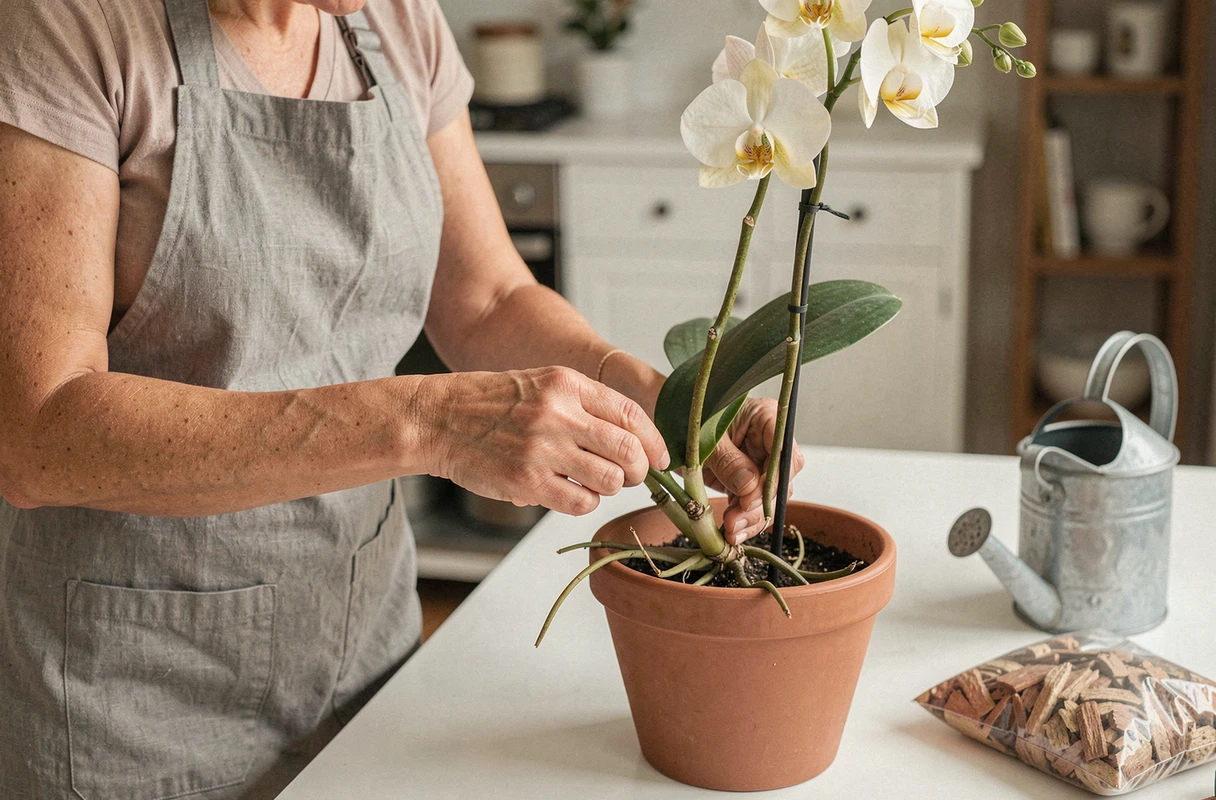 Femme examinant la tige jaune d'une orchidée avec des outils de jardinage sur une table blanche, diagnostic de plante en intérieur
