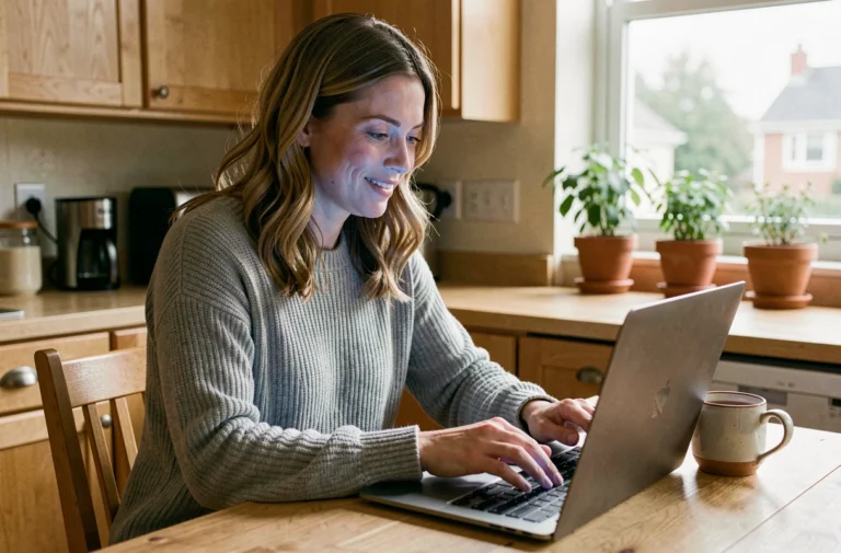 Femme consultant un forum FIV sur son ordinateur portable dans une cuisine chaleureuse