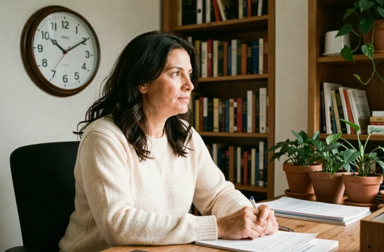 Femme contemplant une horloge analogique affichant 19h09 dans un bureau cosy, symbolisant la signification de l'heure miroir en numérologie