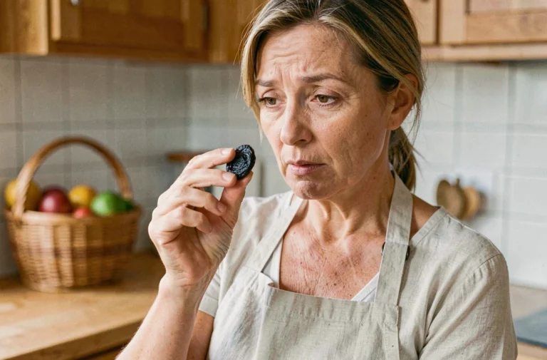 Femme inspectant des pruneaux séchés dans une cuisine pour vérifier leur date de péremption