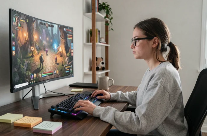 Femme joueuse concentrée devant un setup PC gaming avec écran ultrawide affichant un RPG fantastique