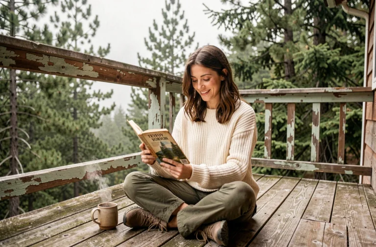 Femme lisant un guide de voyage sur une terrasse en bois entourée de forêt de pins, illustrant l'évasion et les loisirs en pleine nature