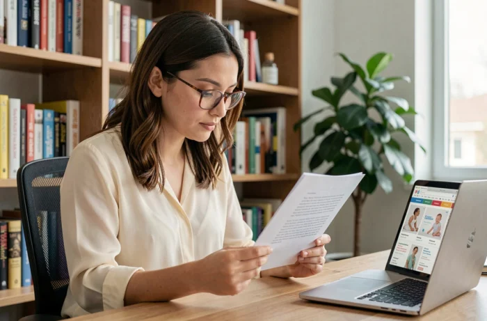 Jeune femme lisant les mentions légales d'un site de puériculture dans un bureau à domicile