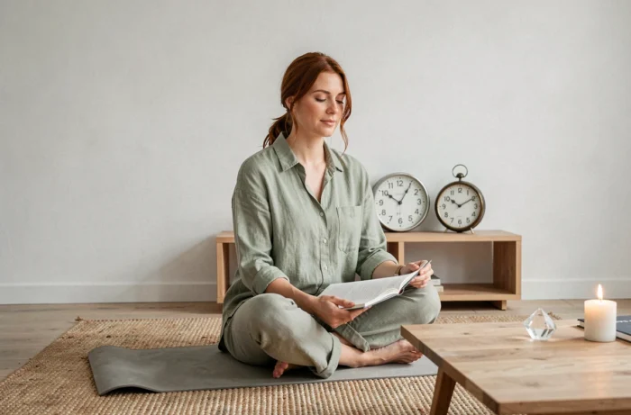 Donna in meditazione con un diario e un orologio vintage che indica 19:09, illustrando la pratica della numerologia e il significato delle ore speculari