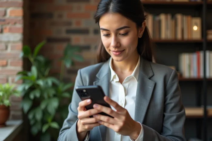 Jeune femme consultant un message rédigé sur smartphone pour attirer l'attention d'Elon Musk sur les réseaux sociaux