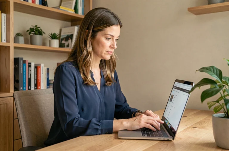 Femme explorant la structure de navigation d'un site web sur un ordinateur portable dans un bureau à domicile