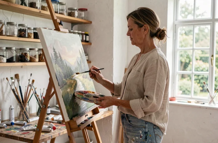 Femme peignant sur un chevalet dans un studio d'art chaleureux, illustrant les loisirs créatifs et l'expression artistique à domicile