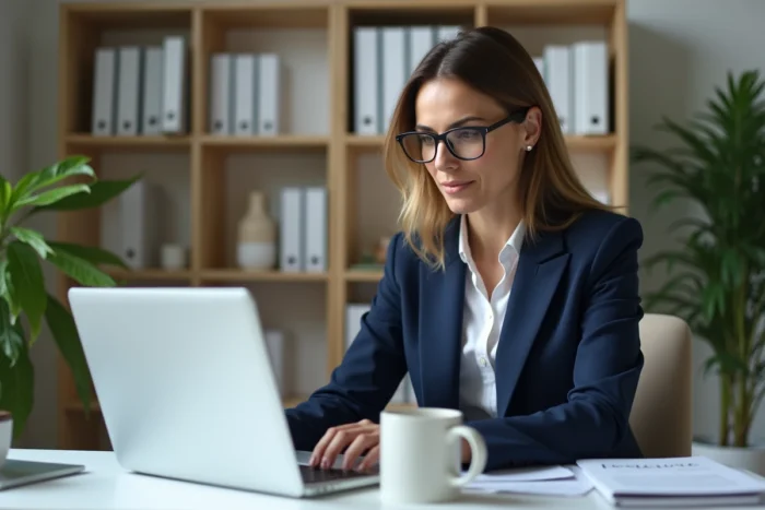 Femme professionnelle consultant un coffre-fort numérique sécurisé sur ordinateur portable dans un bureau à domicile moderne