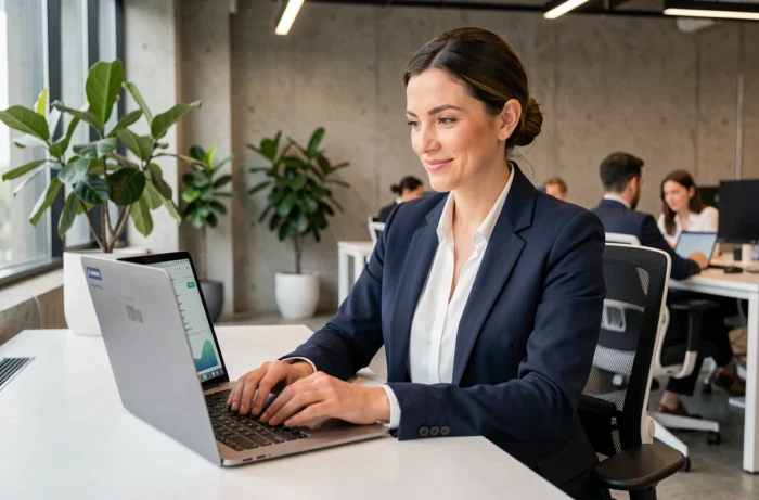 Professionnelle utilisant une plateforme de solutions business en ligne sur son ordinateur dans un bureau moderne
