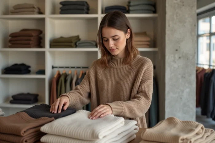 Jeune femme feuilletant des pulls Pull and Bear en laine texturée dans une boutique moderne aux murs en béton