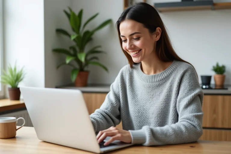 Femme consultant des annonces immobilières sur son ordinateur portable dans une cuisine moderne