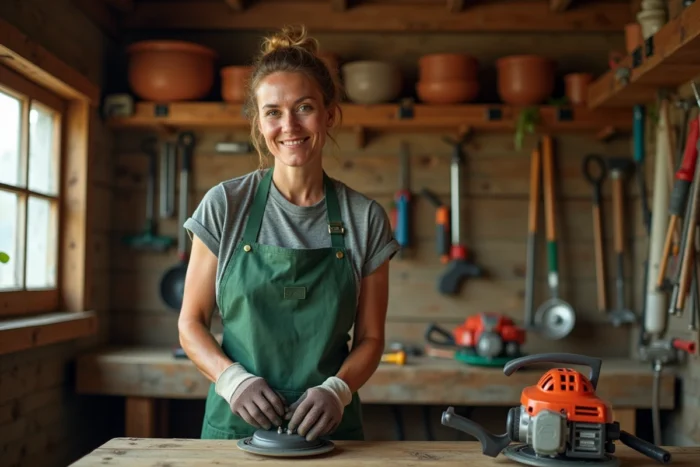 Femme enfilant un fil nylon neuf dans la bobine d'un rotofil sur un établi dans un abri de jardin