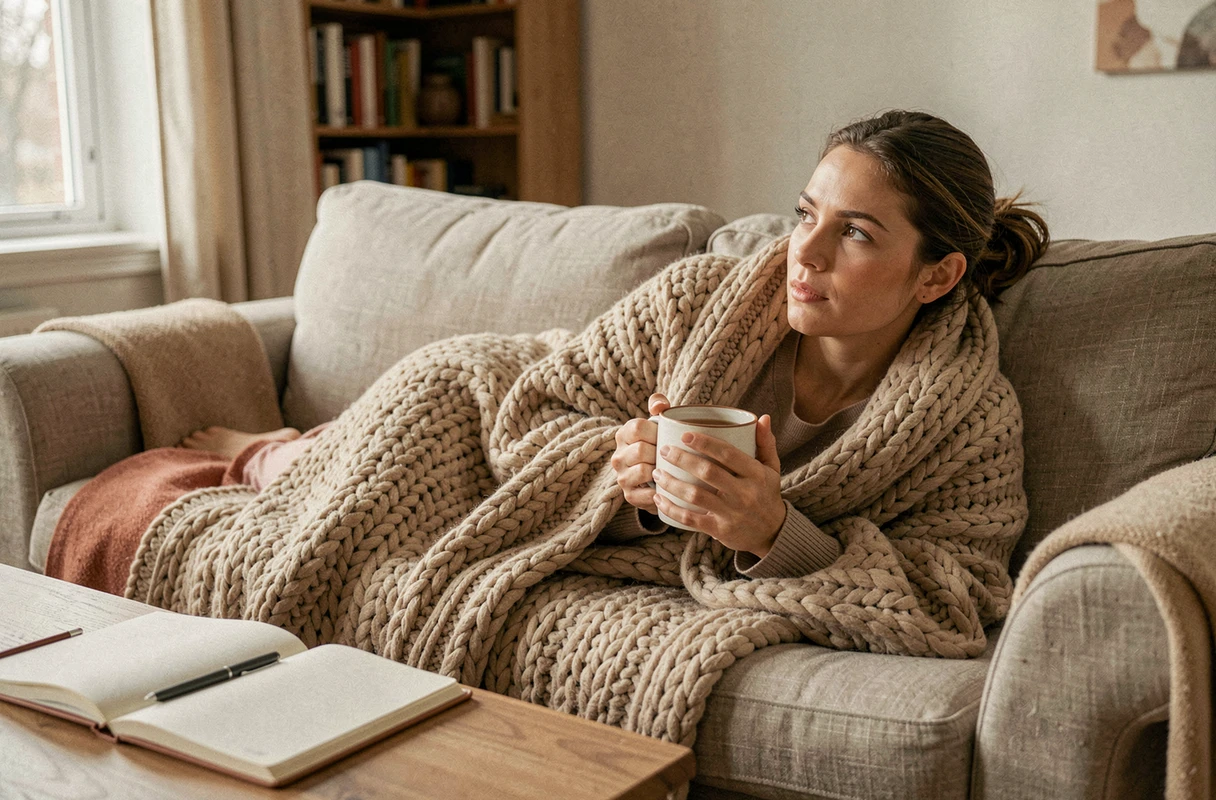 Femme allongée sur un canapé avec une tisane surveillant ses symptômes après un transfert d'embryon pendant la période de nidation