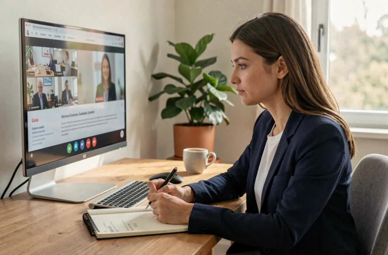 Femme suivant en ligne le programme LesEntreprisesFrenchy Event 2026 depuis son bureau à domicile